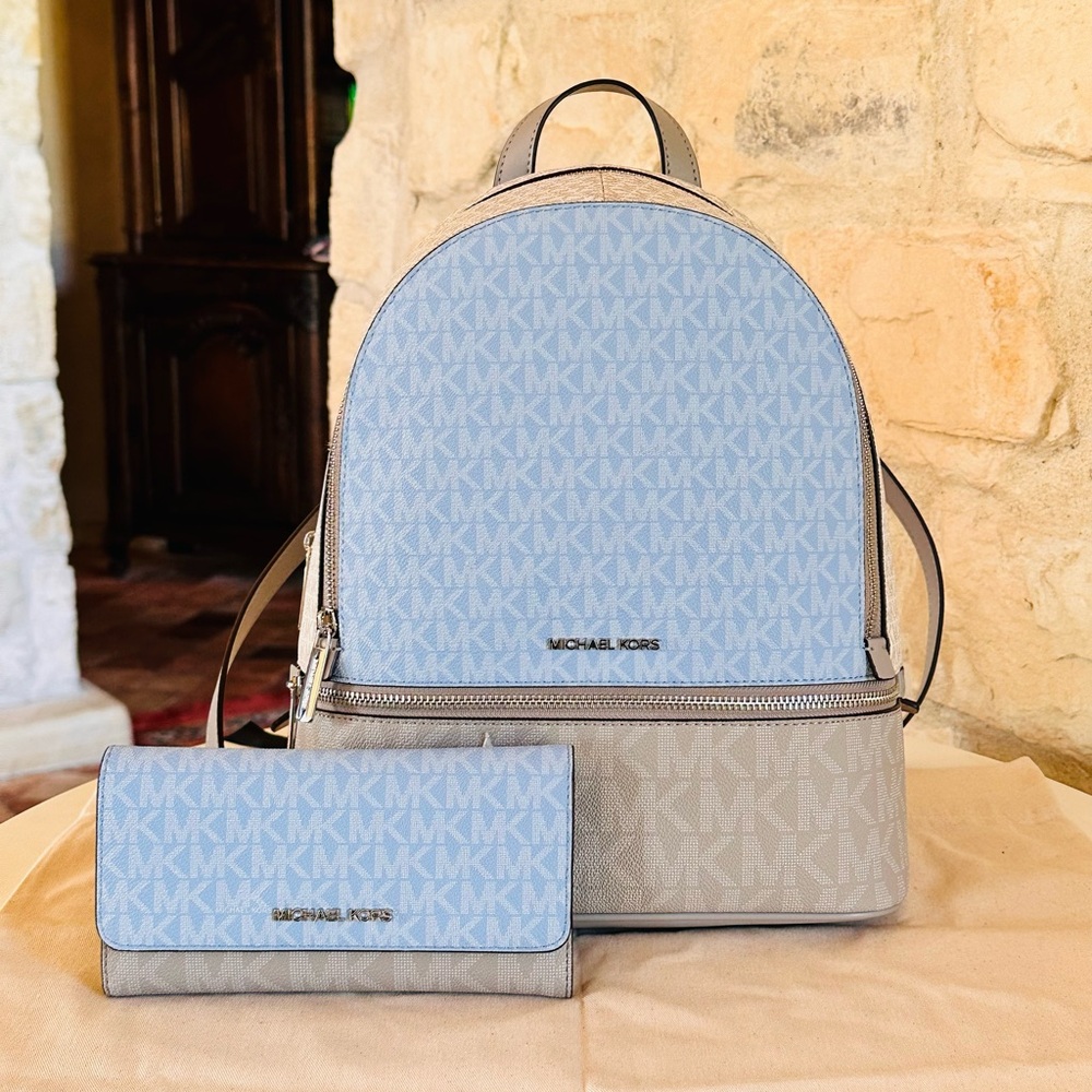 Michael Kors Blue and Tan Backpacks with Signature MK Design